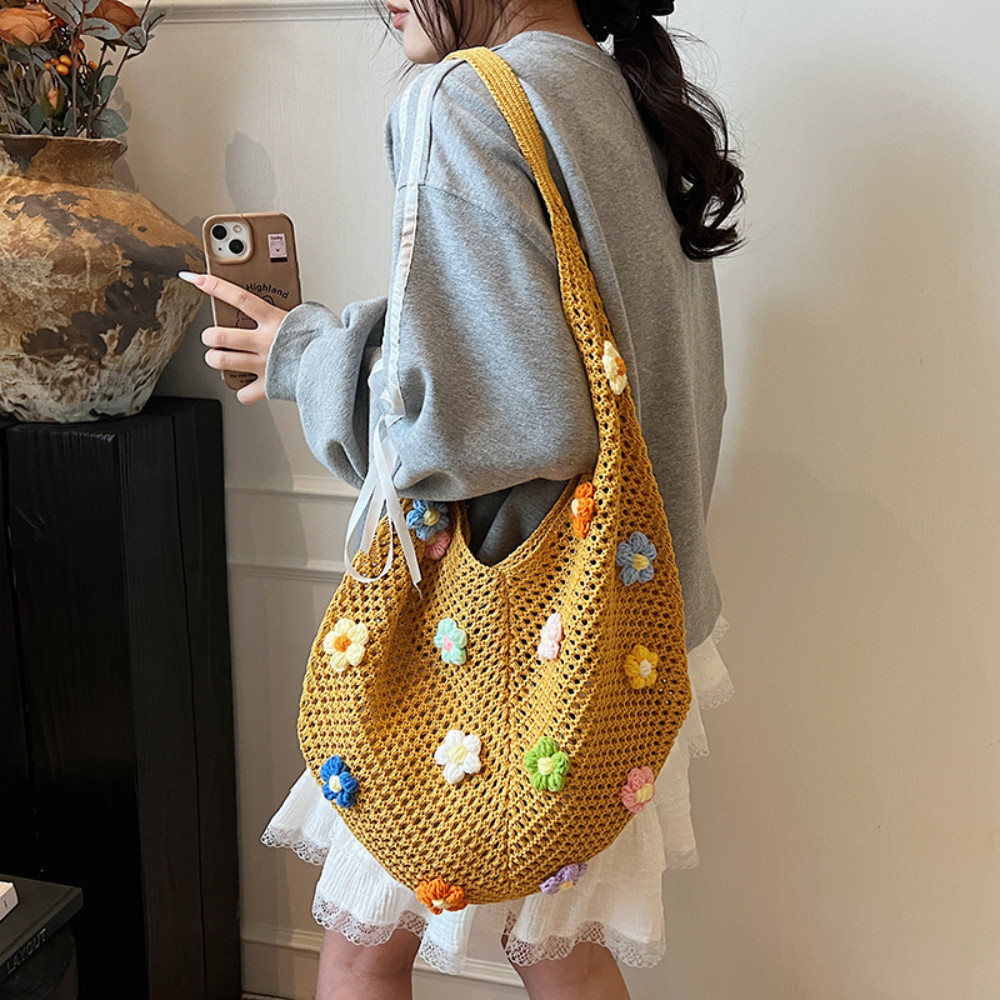 Túi Tote Đi Biển HomeMate Dệt Ren Hoa Nổi Bohemian, Túi Xách Nữ Dung Tích Lớn Phong Cách Vintage Hàn Quốc
