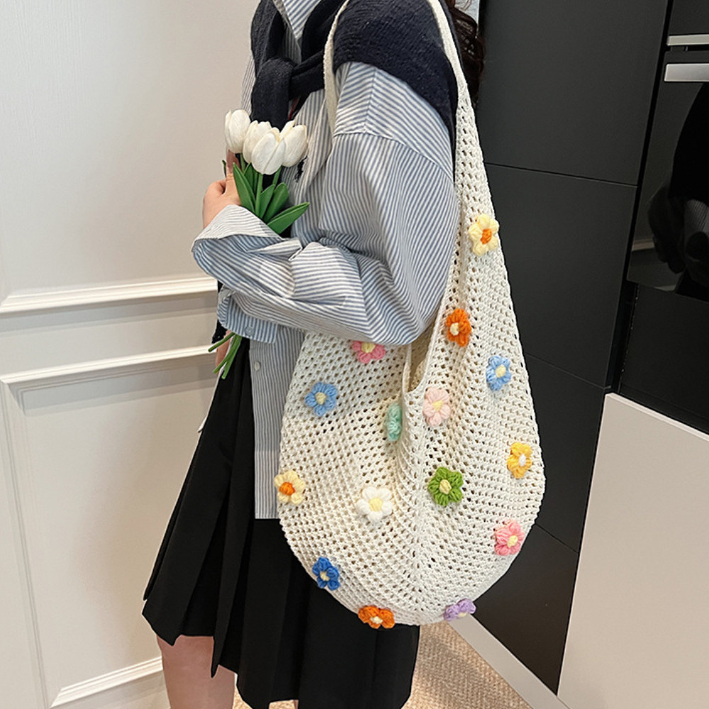 Túi Tote Đi Biển HomeMate Dệt Ren Hoa Nổi Bohemian, Túi Xách Nữ Dung Tích Lớn Phong Cách Vintage Hàn Quốc