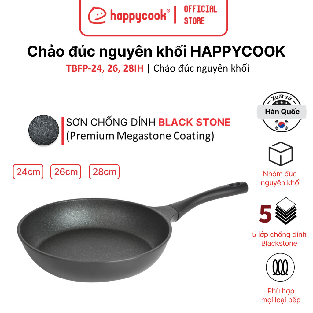 Chảo đúc nguyên khối All Black 24/26/28cm Happycook - Dùng được cho mọi loại bếp