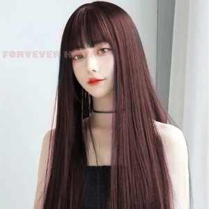 Tóc Giả Dài Thẳng Toàn Bộ Với Air Bangs 28 Inch Tổng Hợp Mật Độ Cao Tóc Giả Dài Cho Bé Gái Sử Dụng Hàng Ngày Tạo Kiểu Tóc