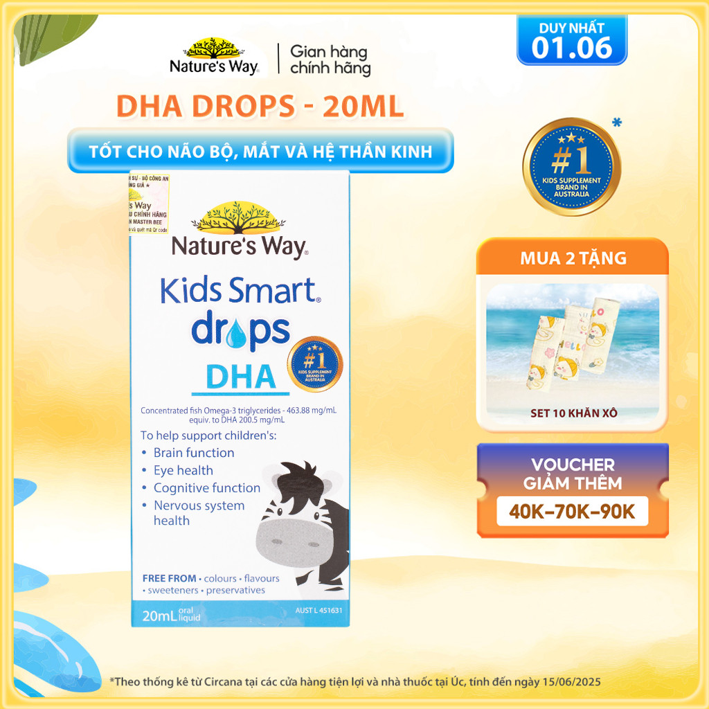 DHA Drops Nature's Way Kids Smart Bổ Sung DHA, Omega 3, Thành Phần Dầu Cá RTG Hỗ Trợ Tốt Cho Não Và Mắt Cho Bé 20ml