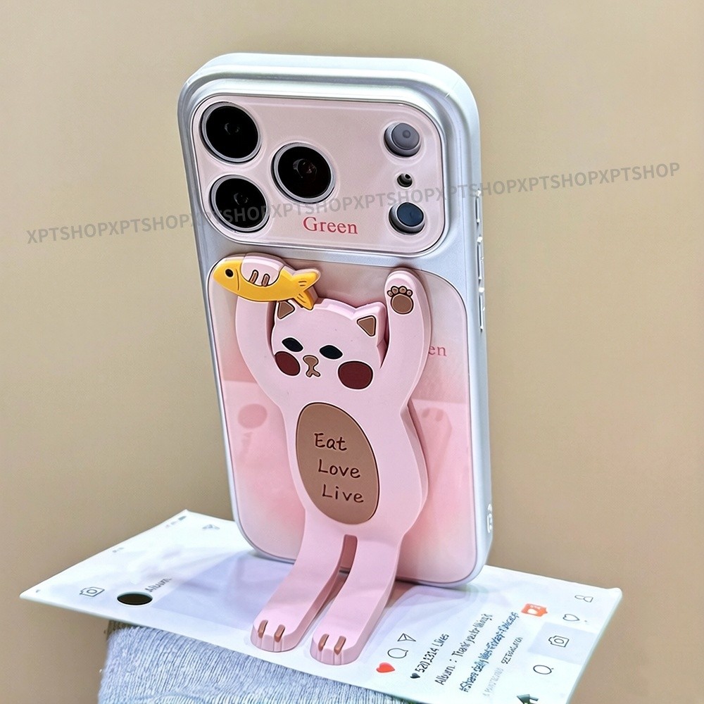 3D Silicone Mèo Giá Đỡ Mạ Acrylic Ốp Lưng Điện Thoại Cho iPhone 17 Pro Max 16 15 14 13 Vỏ Bảo Vệ Chống Sốc