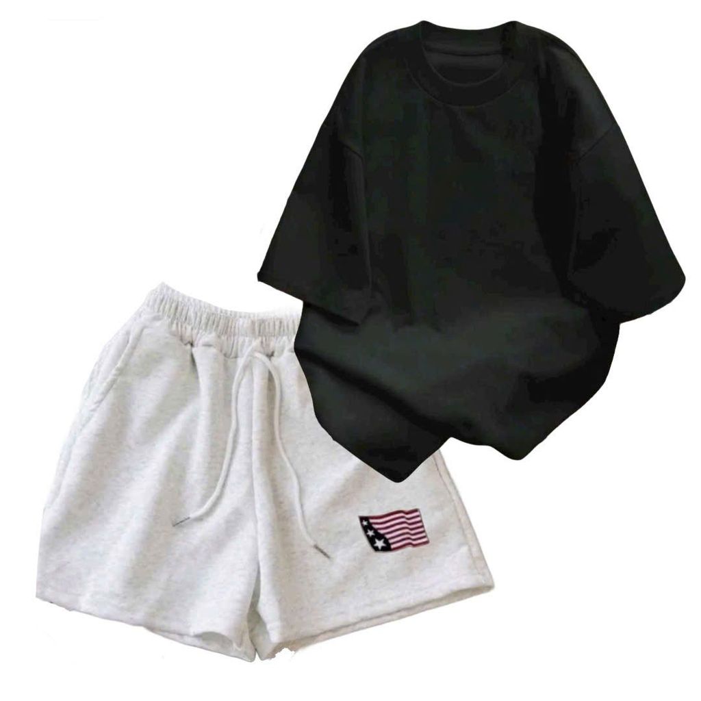 sét bộ đồ nữ quần đùi cộc xám tiêu cờ mỹ dáng ngắn + mix áo phông trơn form nam nữ unisex