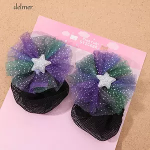 DELMER 2 Chiếc Bé Gái Co Giãn Tóc Lưới, Ngôi Sao Nơ Mùa Xuân Kẹp Lưới Tóc Ba Lê, Phụ Kiện Trượt Băng Đồ Trang Trí Khiêu Vũ Hàn Quốc Bun Snood Trẻ Em