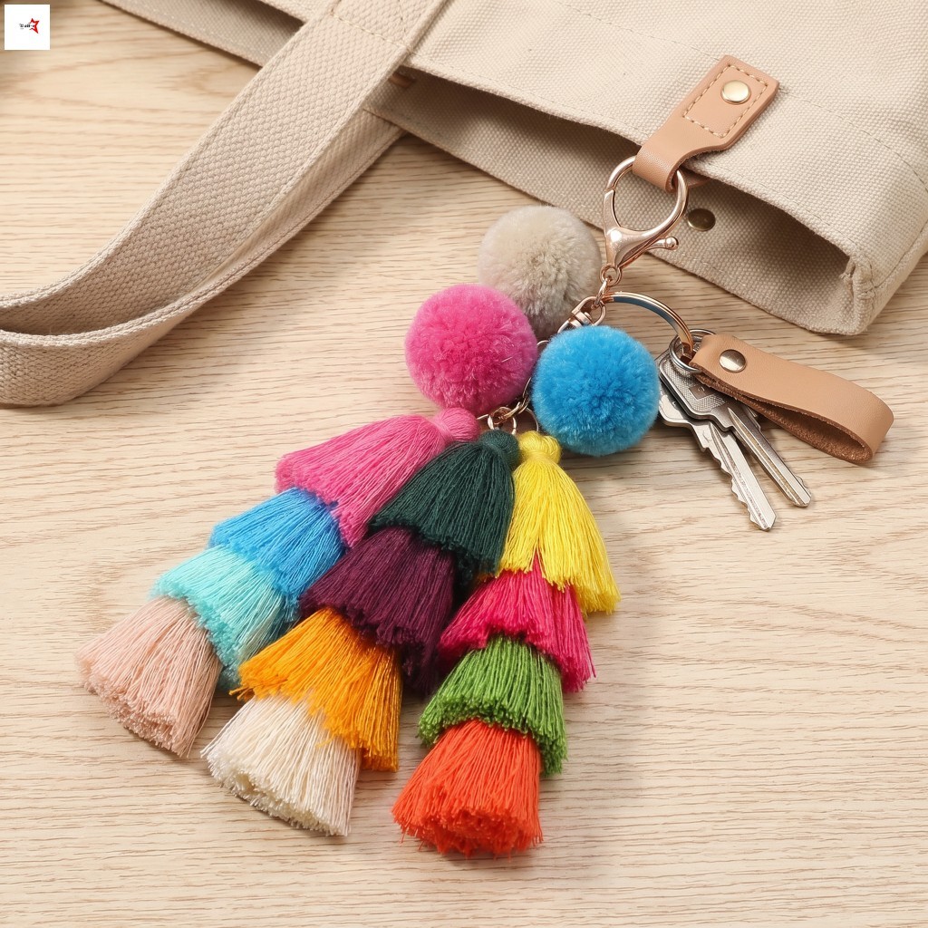 Polyester Nhiều Màu Sắc Tua Rua Pom Pom Móc Khóa Phụ Kiện Trang Trí Cho Túi Và Chìa Khóa