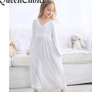 Bé Gái Phong Cách Công Chúa Cổ Chữ V Chắc Chắn Trắng Dài Tay Đồ Ngủ Trẻ Em Cotton Váy Ngủ
