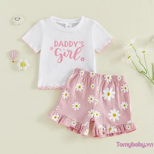 Trang phục mùa hè cho bé gái mới biết đi Áo ngắn tay in hoa Ruffled Trim + Quần Short Bộ 2 chiếc