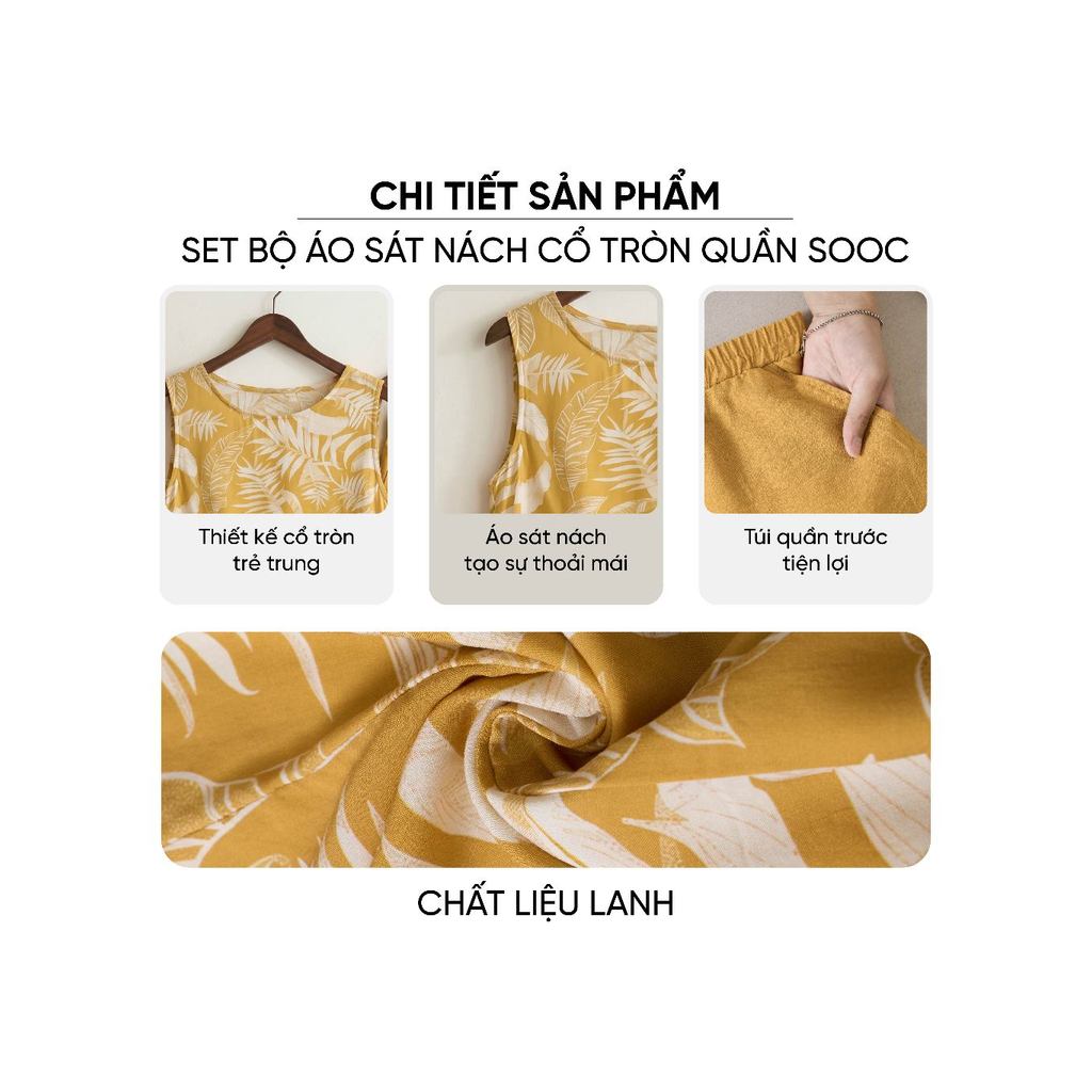 Bộ đồ nữ CARDINA chất liệu lanh áo sát nách cổ tròn và quần sooc 6SQN03