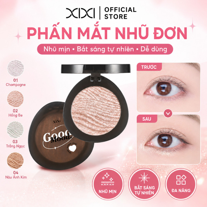 XIXI Phấn Mắt Nhũ Đơn Baked Eyeshadow, Nhũ Mịn Bắt Sáng Lấp Lánh, Lên Màu Chuẩn Lâu Trôi D570