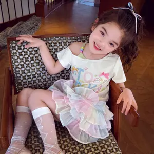 Off-the-Shoulder Girls Tay Ngắn Tươi Phim Hoạt Hình Mùa Hè In Hình Nữ t