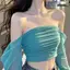 Áo crop top lưới lệch vai mùa hè dài tay ngày lễ ngọt ngào xếp li mới