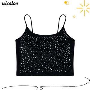Áo Vest nhúng kim cương NICOLOO, Áo Crop Top Cotton màu trơn, Thời trang hợp thời trang có đệm đàn hồi cao Bộ trang phục câu lạc bộ Sequin hình cơ thể
