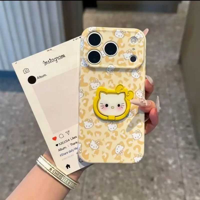 Ốp lưng iPhone Sweet Cool họa tiết da báo Hello Kitty có giá đỡ điện thoại IP - 11/12/13/14/15/16/17/Plus/Air/Pro/Max