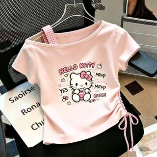 Áo thun lệch vai bé gái phong cách Hàn Quốc - Tay ngắn rút dây thời trang, áo hè cá tính cho bé