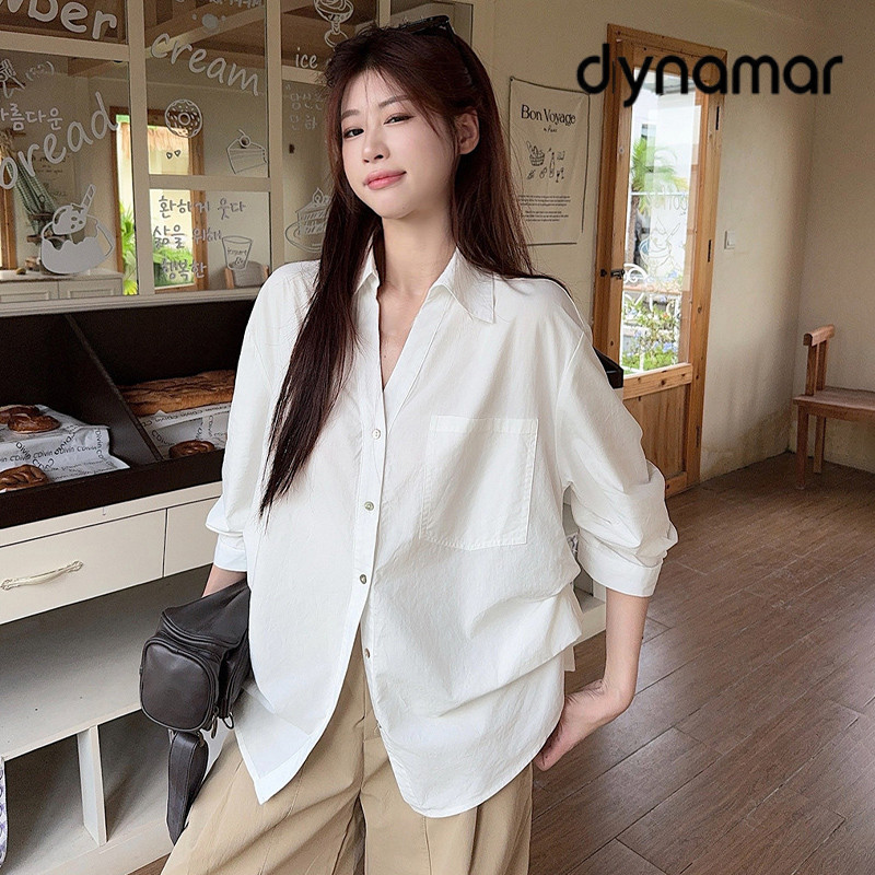 【dynamar】Áo sơ mi cổ V thiết kế nhúm eo tôn dáng trẻ trung chất liệu Thô Cotton Hàn thoáng mát