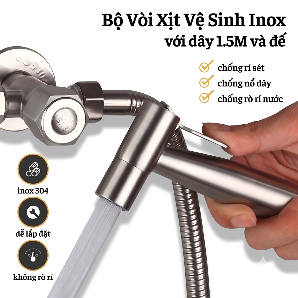 Vòi xịt vệ sinh Tăng Áp  vòi xịt toilet inox 304 kèm dây dẫn và đế cài Bảo Hành 2 Năm