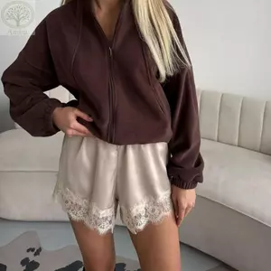 Quần short Satin ren AMBU, Quần short Mini thanh lịch ống rộng, Thắt lưng thun cổ điển Y2K Thiết kế chắp vá Boxer Slip Nữ