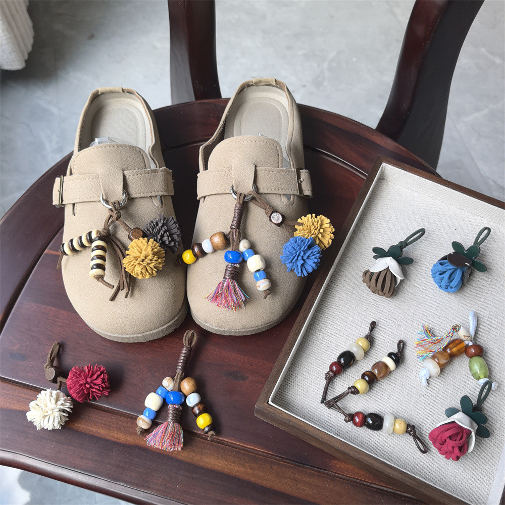 Gói Đơn miu Tie Giày Hoa Nón Lông Bóng Cao Cấp Cảm Giác Tua Rua Hạt Gỗ Đính Hạt Kangaroo Birkenstock Giày Huấn Luyện Đức Phụ Kiện Trang Trí