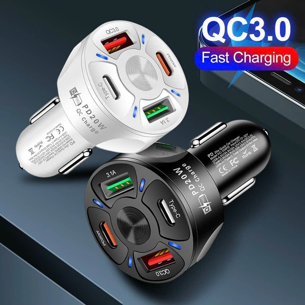 Tẩu Sạc Nhanh Ô Tô Chính Hãng PD 20W QC3.0 Sạc Siêu Tốc 3.1A ,Tẩu Chia 4 Cổng 2 Ty-C + 2 USB, Bảo Hành 6 Tháng