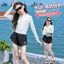 Bé Gái Đen Trắng Đồ Bơi 2026 Phong Cách Mới Trẻ Em Mùa Hè In Chữ Dây Kéo Dài Tay Top + Quần Short Đồ Bơi