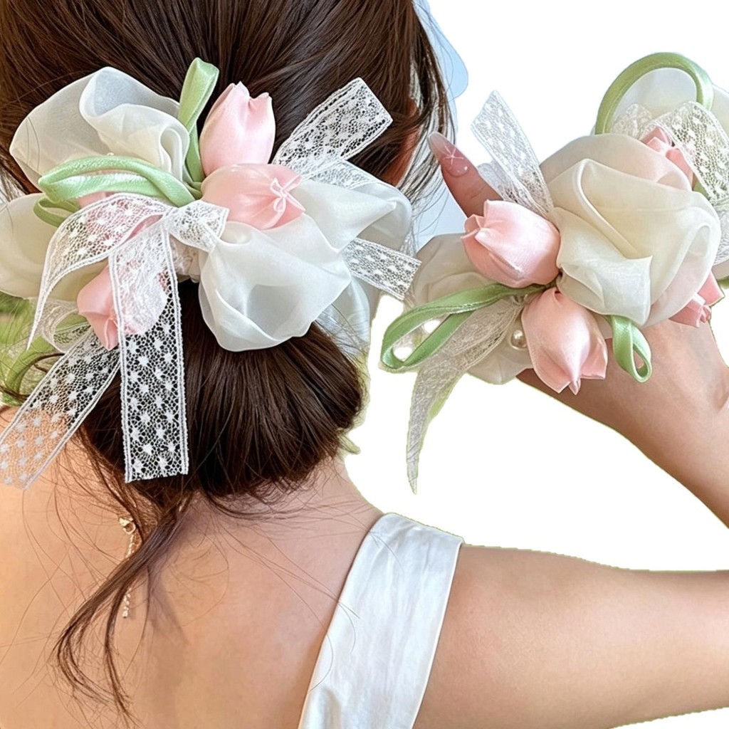 2026 Phong Cách Mới Nơ Bóng Đầu Cuộn Dây Tóc Tulip Gạc Tóc Nhẫn Nữ