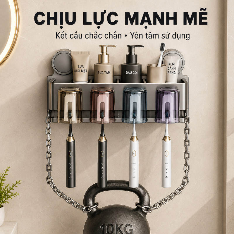 Kệ Để Bàn Chải Hút Chân Không - Tổ Chức Nhà Tắm Gọn, Chất Liệu ABS & Thép Carbon, Lắp Đặt Dễ Không Khoan