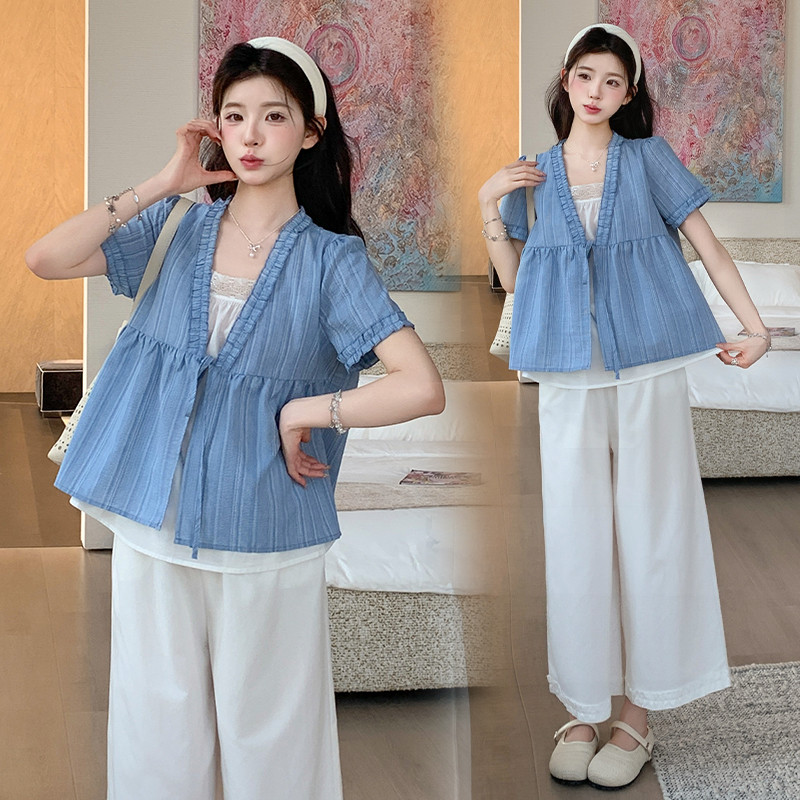 Bộ đồ bà bầu Mùa hè Nấm cạnh dáng rộng Áo sơ mi em bé + Quần ren Bộ đồ hai mảnh