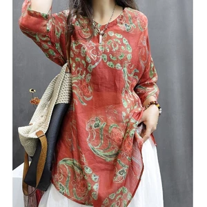Retro In Hình Giữa Tay Cổ Chữ V Vải Lanh Cotton Rời Phong Cách Phương Tây Văn Học Thường Ngày Tất Cả Trận Đấu Áo Thun Nữ 5.26