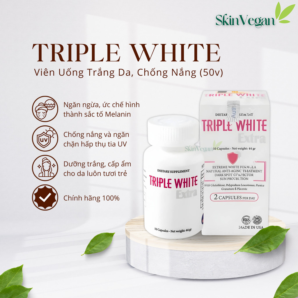 triple white glutathione Viên Uống Trắng Da Extra USA – Mờ Nám, Sáng Da, Chống Nắng Nội Sinh 50 Viên 5 Amino 1MQ – google Packaging:Pack of 8