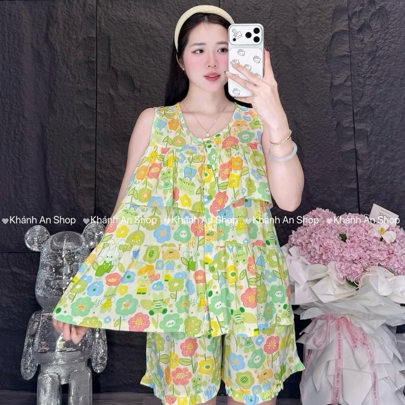 SA.Le KA124- Đồ Bộ Tole Lanh Nữ  Mặc Nhà Áo Sát Cánh Tầng Quần Đùi Size 40-80kg Hoạ Tiết Hoa Hình D5