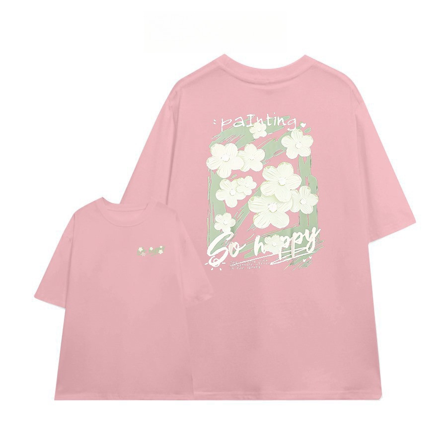 （Giao hàng 24h）Angela Áo Thun Nữ, Áo Phông Unisex Mã TN So Happy Chất Cotton Thoáng Mát Form Rộng Tay Lỡ Cho Nam Nữ