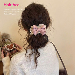 Dây cột tóc nơ hồng ren scrunchies nữ, phụ kiện buộc tóc đuôi ngựa, búi tóc cao cấp, sang trọng