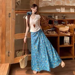 Váy ren sơn dầu hoa màu xanh dành cho nữ Mùa hè Phong cách mới thon gọn hơn Cổ chữ V tay ngắn