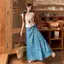 Váy ren sơn dầu hoa màu xanh dành cho nữ Mùa hè Phong cách mới thon gọn hơn Cổ chữ V tay ngắn
