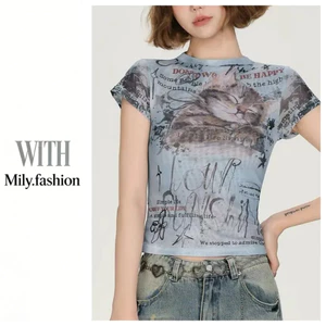 Milyfashion Retro Gạc Hoạt Hình In Hình Áo Thun Ngắn Tay Mùa Hè Phong Cách Mới Slim-Fit Slimmer Nhìn Ngắn Top baby tee Y2K MYR5