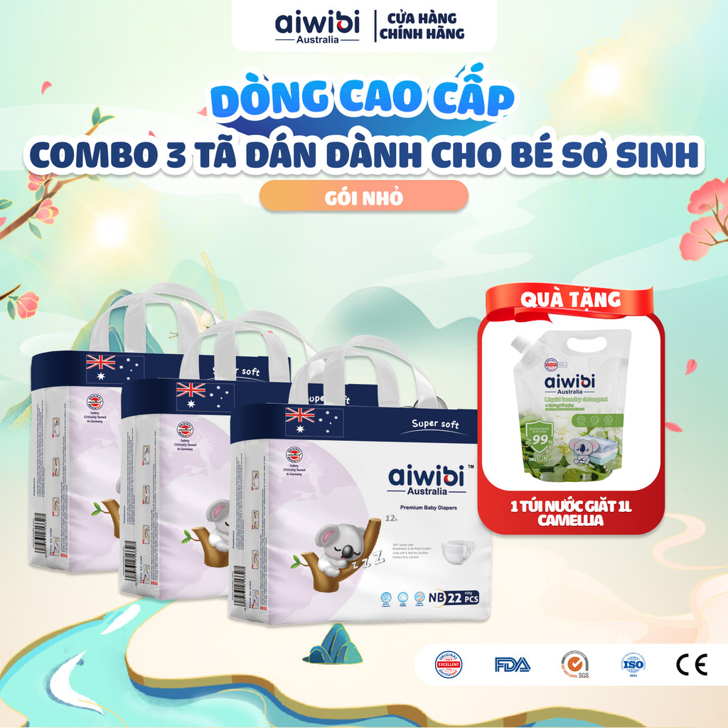 [Combo 3] Tã/Bỉm Dán Cho Trẻ Sơ Sinh Cao Cấp Aiwibi Siêu Thấm Hút, Chống Tràn - Gói New Born 22 Miếng