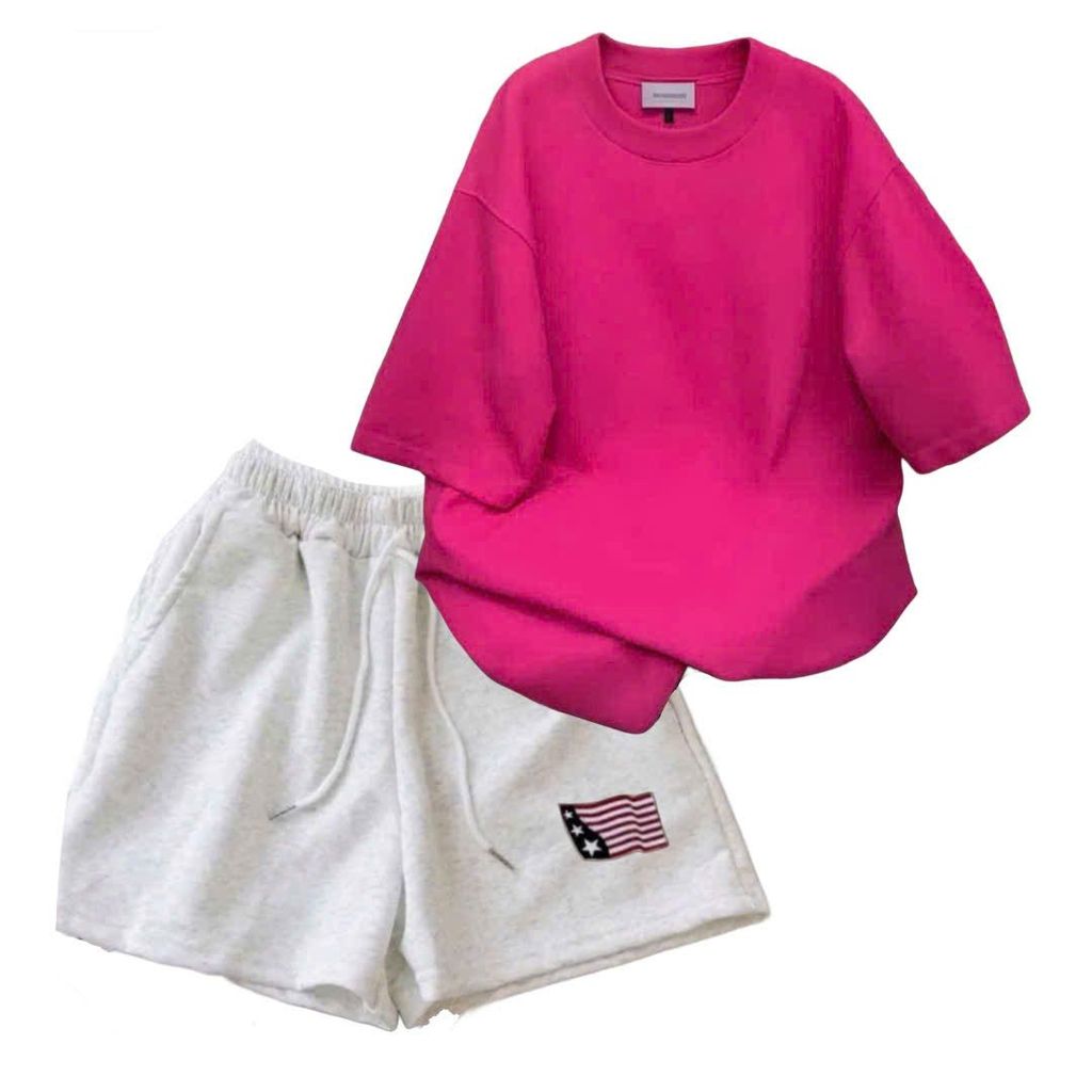 sét bộ đồ nữ quần đùi cộc xám tiêu cờ mỹ dáng ngắn + mix áo phông trơn form nam nữ unisex