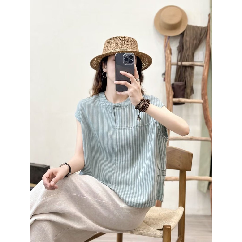[Hàng có sẵn] Áo sơ mi nữ Cotton chất lượng cao Khâu sọc, Áo chui đầu viền không đều, Tay ngắn