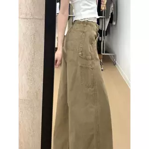 Quần yếm Kaki Quần jean lau sàn cạp cao Drape phiên bản ống rộng phong cách Hàn Quốc Stre