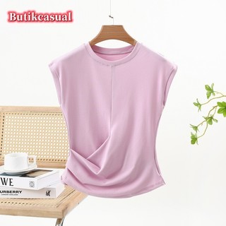 Áo thun nữ cotton không tay mỏng 2025 xuân hè thời trang mới xếp li đa năng áo thun dáng rộng áo sơ mi giản dị
