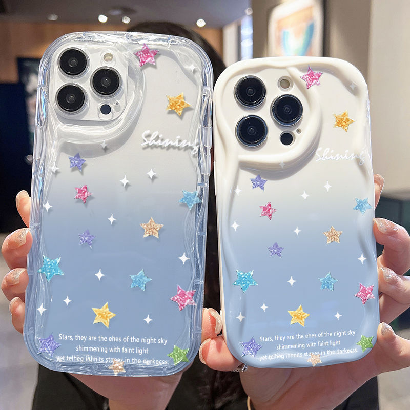 Ốp lưng tương thích cho iPhone 17 Air 16 15 14 13 12 11 Pro X XR XS Max SE 2020 6 7 8 Plus Kem gợn sóng viền cong Motif Ngôi sao đầy màu sắc NYK254