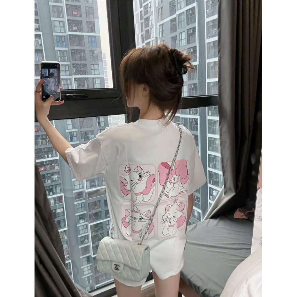 （Giao hàng 24h）Angela Áo phông nữ đáng yêu hoạ tiết in mèo marie disnep trắng đáng yêu from rộng dáng giấu quần chất