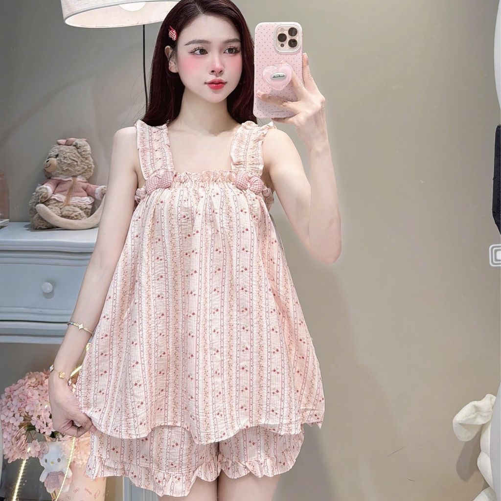 Bộ Đồ Ngủ Nữ JUSOKA  Pijama DU54 Đũi Vân Mây 2 Dây Viền Bèo Đính Nơ Mềm Mịn Cao Cấp Thoải Mái Dễ Thương