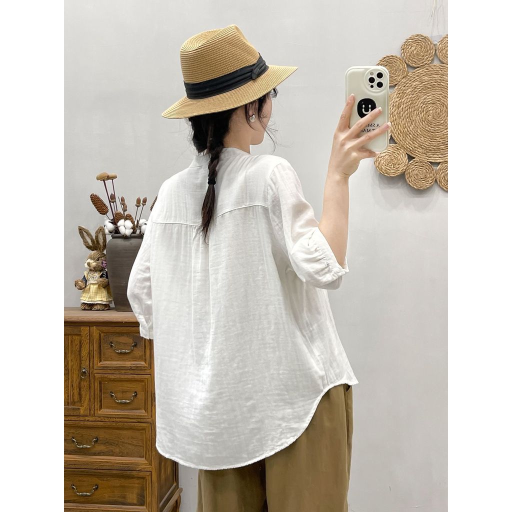 [Hàng có sẵn] Áo sơ mi nữ chất liệu Cotton cao cấp tay vừa cổ chữ V Mori