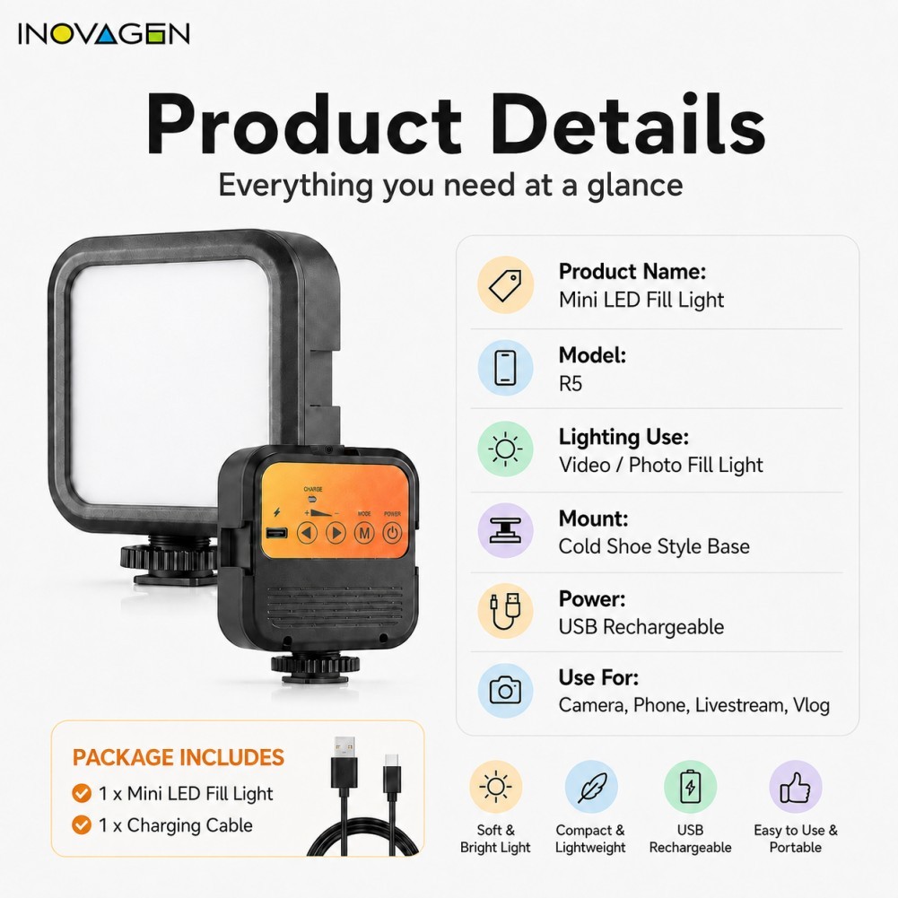 INOVAGEN Mini LED Fill Light 6500K Camera Di Động Đèn Video Cho Vlog TikTok Phát Trực Tiếp Chụp Ảnh Điện Thoại DSLR