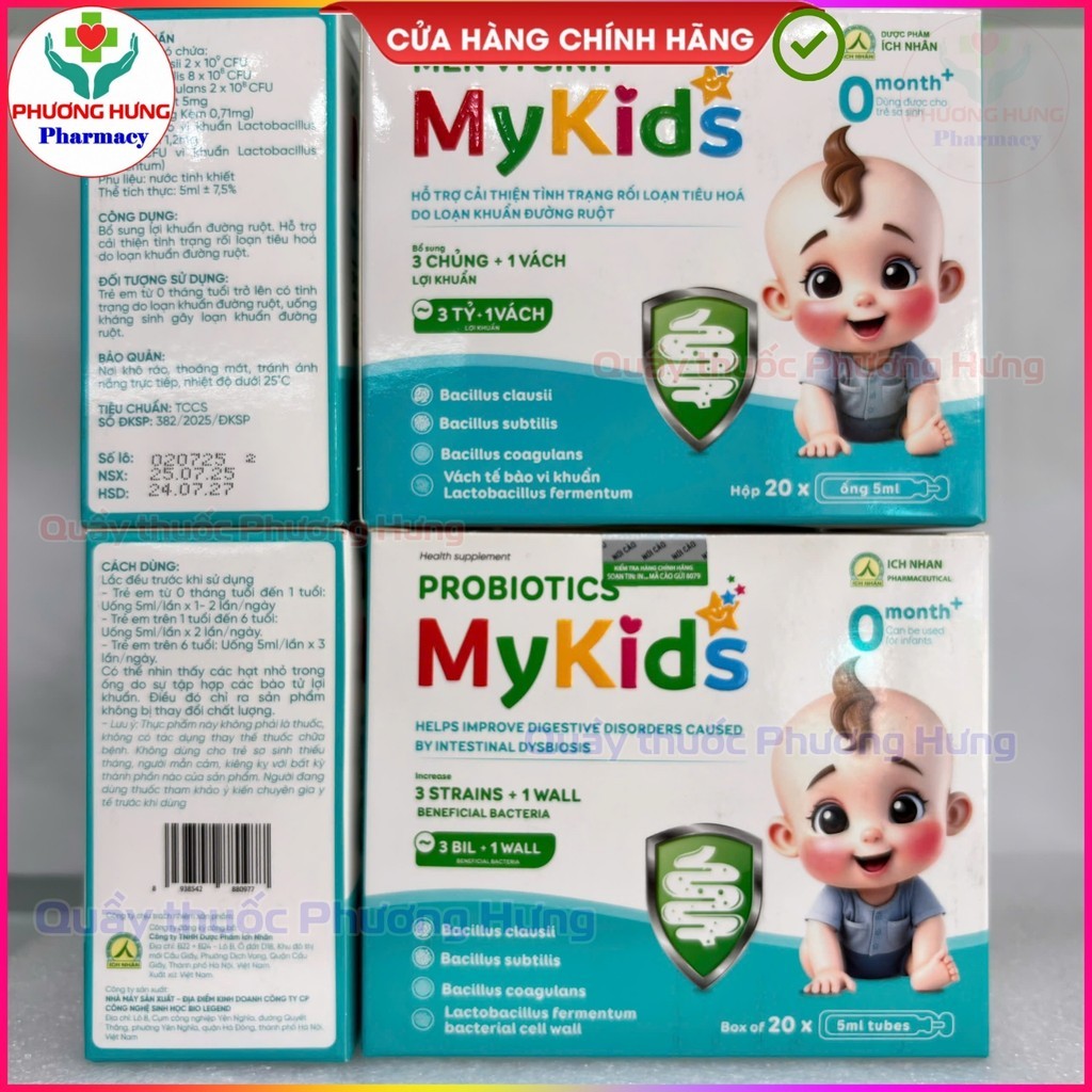 Men Vi Sinh Mykids Bổ Sung 3 Chủng ~ 3 Tỷ + 1 Vách Lợi Khuẩn, Dùng Được Cho Trẻ Sơ Sinh -Hộp 20 Ống