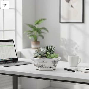 Chậu trồng gốm vuông có đề can cảnh quan để trang trí bàn làm việc văn phòng mọng nước