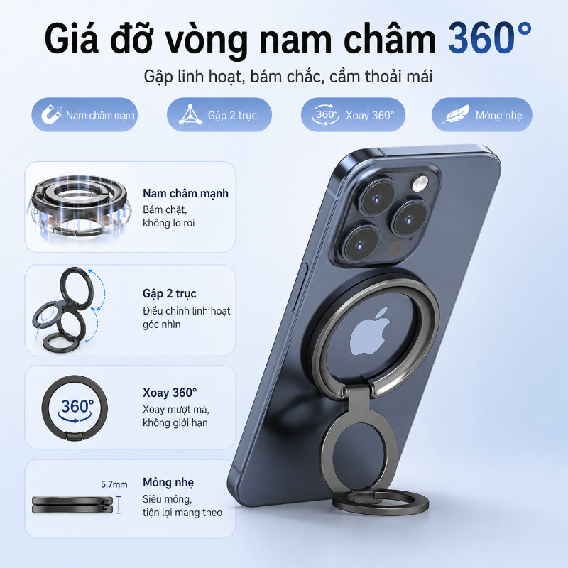 Giá Đỡ Điện Thoại 2 Trong 1 - Kết Hợp Vòng Từ Kép & Chân Gập, Tháo Rời Tiện Dụng, Tương Thích MagSafe