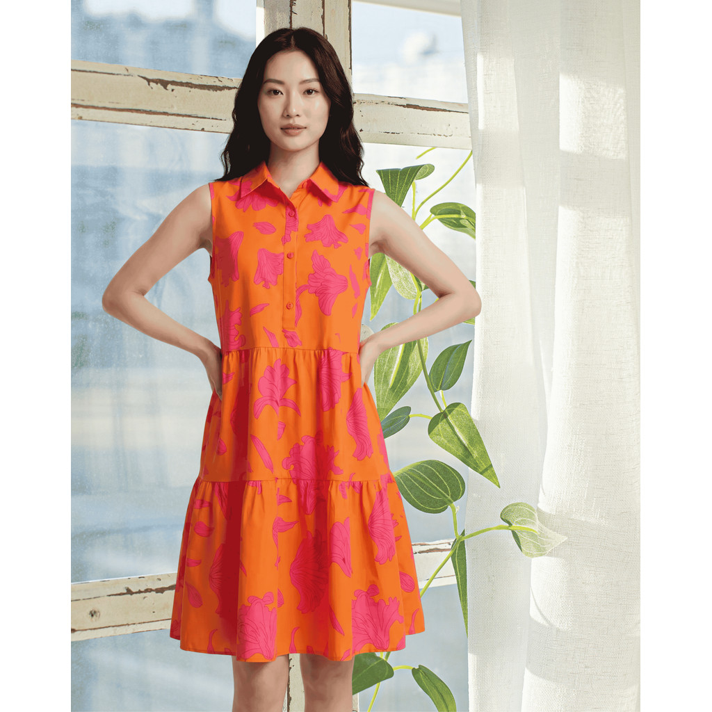 Đầm Không Tay Xếp Tầng Màu Cam In Họa Tiết Hoa Hồng Rực Rỡ  Phong Cách Boho Thoải Mái Ngày Hè
