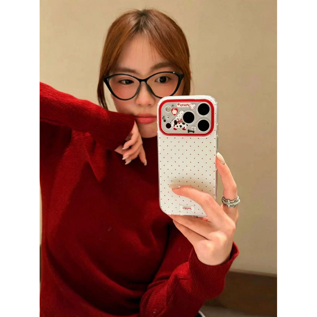 Đơn Giản Chấm Bi Màu Đỏ Hoạt Hình Chó Thích Hợp Cho Apple 17PROMAX Ốp Lưng Điện Thoại iPhone16 Nữ 14 Hai Lớp 13